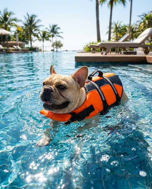 Frenchie pływa w basenie w kamizelce ratunkowej PupSafe
