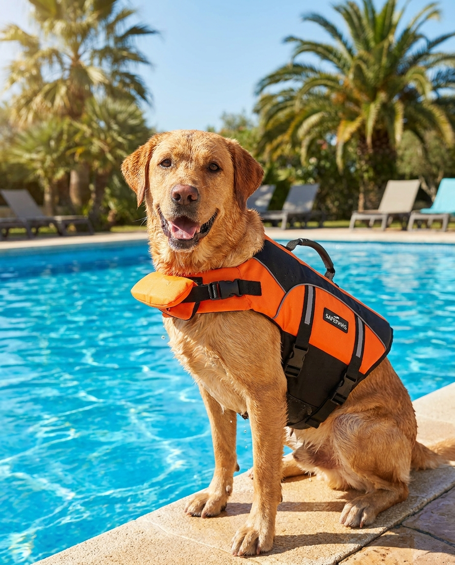 Labrador nad basenem w kamizelce PupSafe